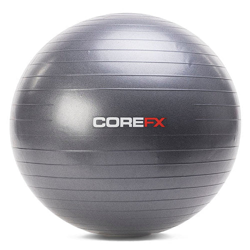 Gray exercise ball with COREFX logo on a white background